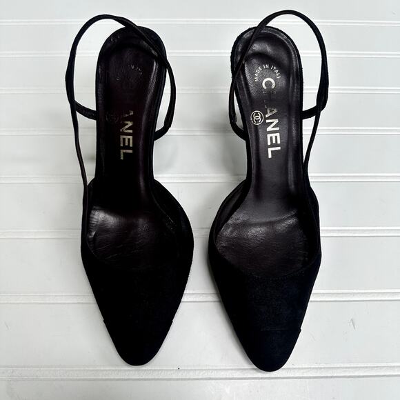 Chanel Slingback Heels 36.5 Black Suede Cap Toe Gold CC Logo Block Heel Vintage - Picture 11 of 11